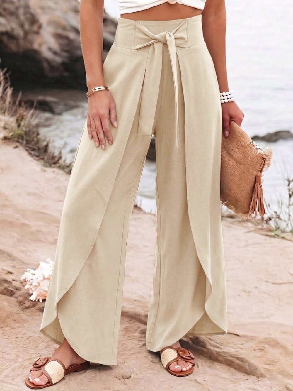 Apricot Casual Women's Elegant Split Wide Leg Pants